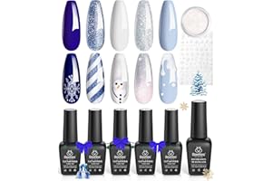BEETLES GEL POLISH Beetles Christmas Gel Nail Polish Set 5 Winter Colors Dark Blue Glitter White Light Blue Silver Gel Polish with Sealing Gel Sugar Dust Powder Nail Sticker UV LED Needed Gifts for Women Sparkling Snow