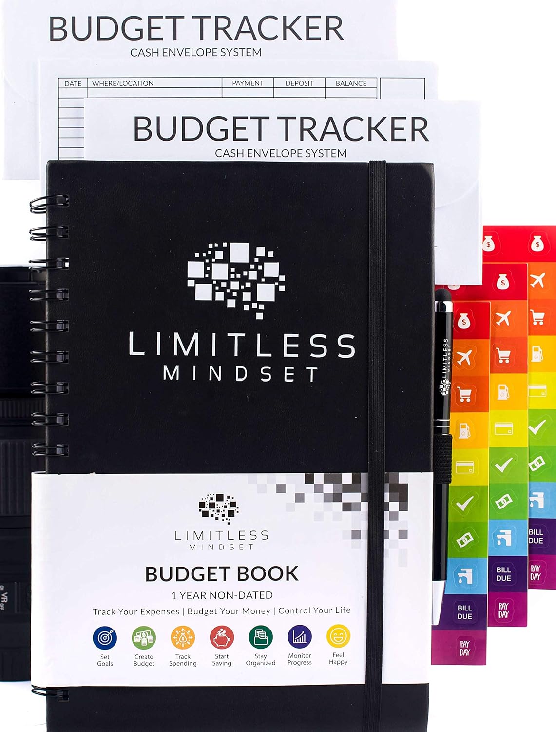 Budget Planner (Non-Dated), Finance Journal, Expense Tracker, Accounts Book, and Bill Organizer - Monthly Budgeting Book Bundled with Cash Envelopes, Stickers, and a Pen - 9x6" Size Black