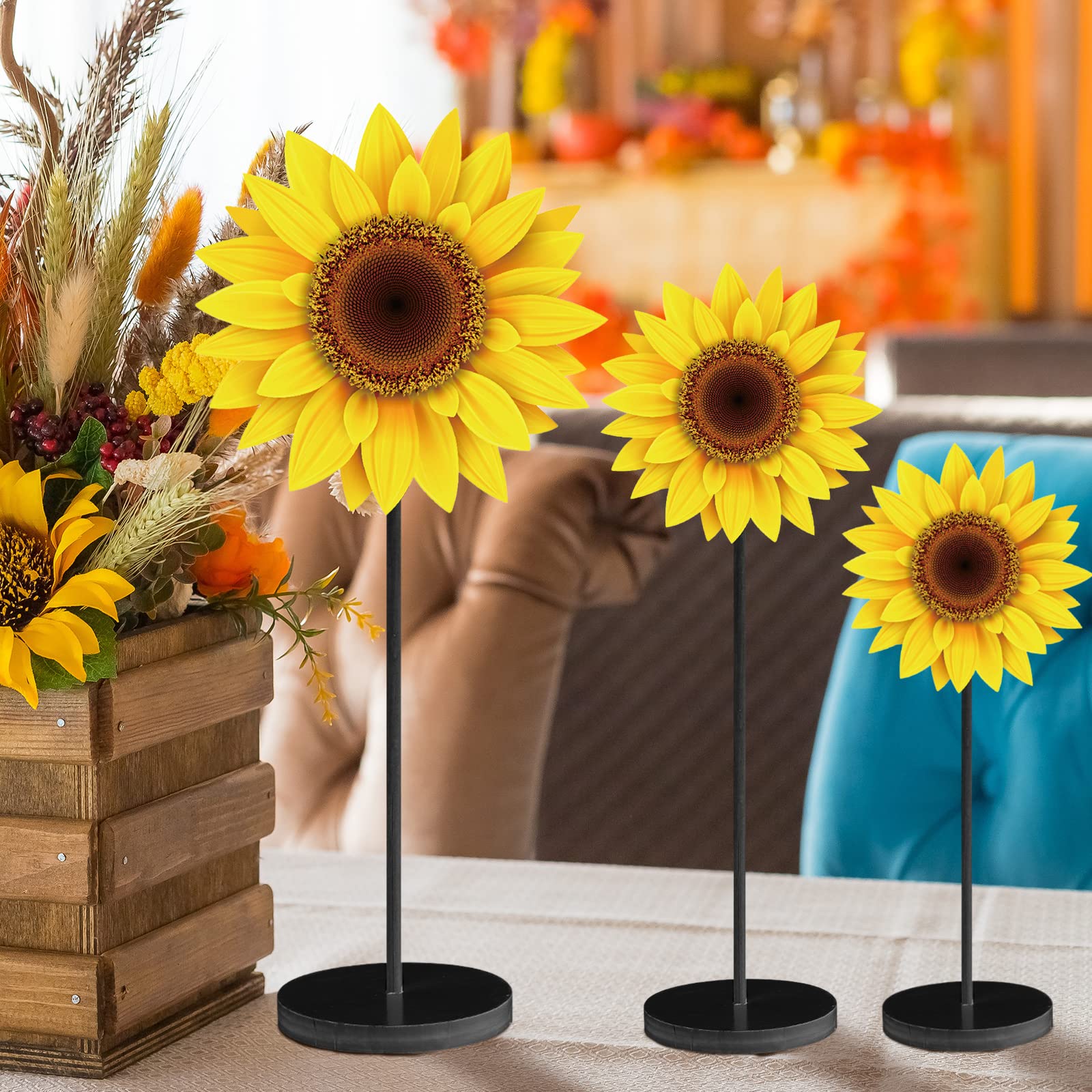 Maitys 3 Pcs Spring Table Decor Summer Sunflower Wood Table Sign Spring Freestanding Butterfly Tabletop for Home Kitchen Rustic Centerpiece Standing Tiered Tray Shelf Decorations(Classic Sunflower)