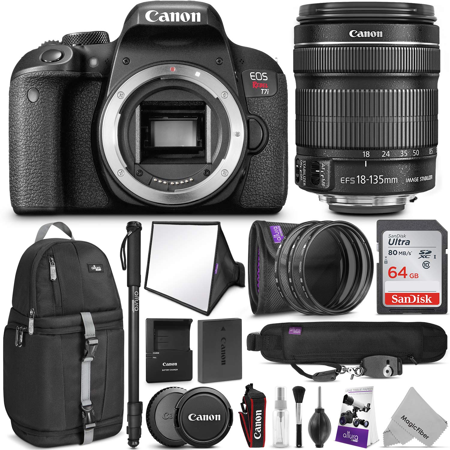 Canon EOS Rebel T7i DSLR Camera with 18-135mm Lens w/Advanced Photo and Travel Bundle - Includes: Altura Photo Backpack, SanDisk 64gb SD Card, Monopod, Filter Kit, Neck Strap and Cleaning Kit