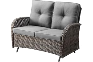 Belord Outdoor Glider Bench Patio Loveseat - 500 Lbs Weight Capacity 2 Seater Wicker Sofa, Small Porch Glider Furniture All Weather Rattan Couch with Removble Cushion for Balcony Deck Backyard, Brown