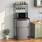 Housolution 2-Tier Mini Fridge Stand with Storage, Black | Adjustable Height Shelves, 8 Hooks, Easy Assembly, Heavy-Duty Microwave Stand for Office Dorm &amp; Apartment