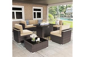 Vakollia 8 Pieces Patio Furniture Set with 44" Propane Gas Fire Pit Table, Outdoor Sectional Brown Rattan Wicker Conversation Sofa Sets with Coffee Table
