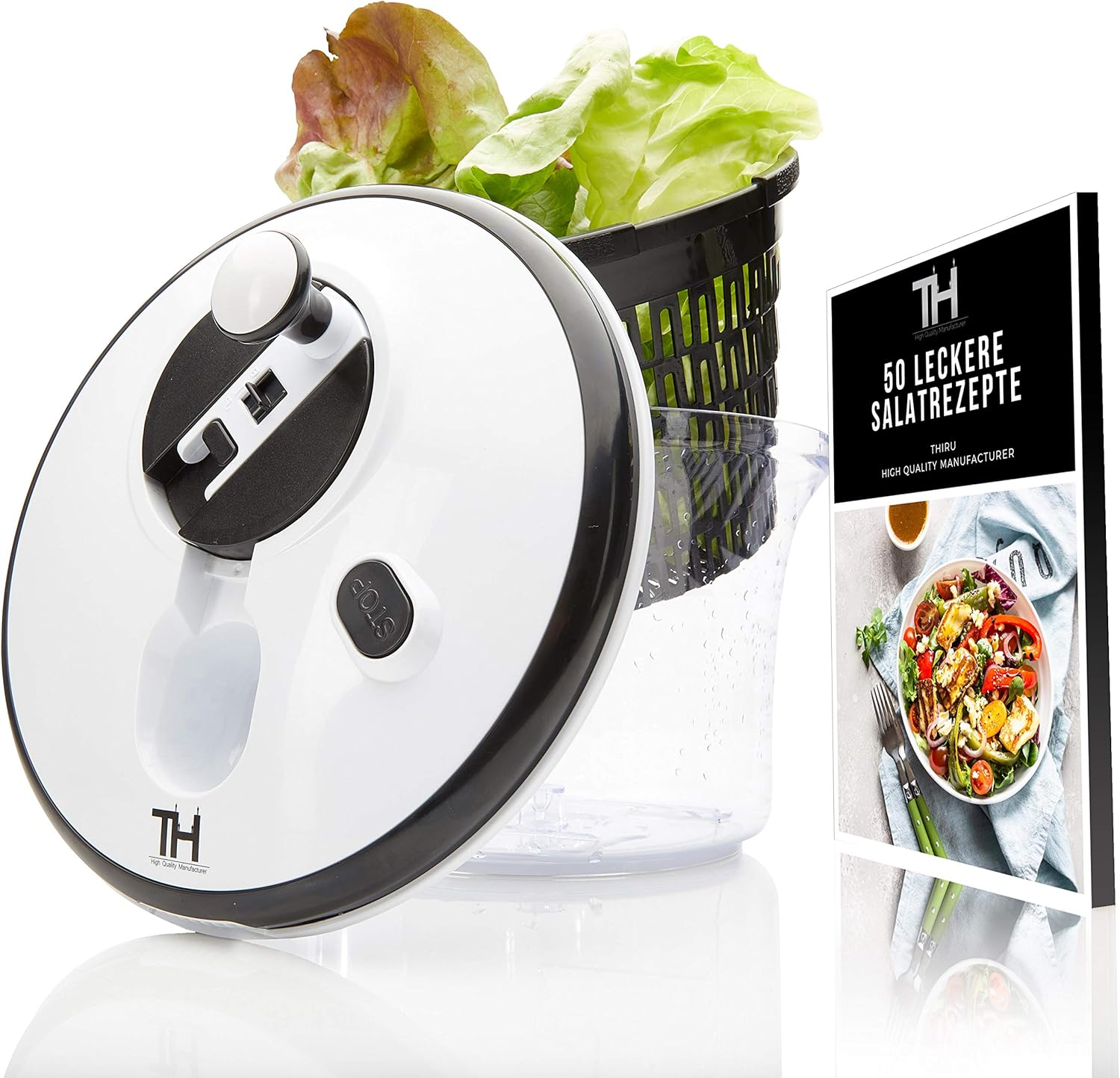Thiru Salatschleuder 5L | Innovative Kurbel- und Stoppfunktion | eBook inklusive (Premium)