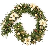 AMERZEST Pre-lit 9ft Christmas Garland with Gold Berries and Balls,Pine Cone,Golden Flower and 50 Battery Operated Soft White LED Lights with Timer,Artificial Holiday Decoration Door Outdoor