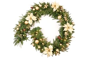 AMERZEST Pre-lit 9ft Christmas Garland with Gold Berries and Balls,Pine Cone,Golden Flower and 50 Battery Operated Soft White LED Lights with Timer,Artificial Holiday Decoration Door Outdoor