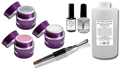 Polyacryl Gel Starter Set 3 x 5ml Gele - 12ml Primer - 100ml Polyacryl Spezial Cleaner - Pinsel mit Spatel - 15ml High Gloss Quickfinish Flex Babyboomer RM Beautynails