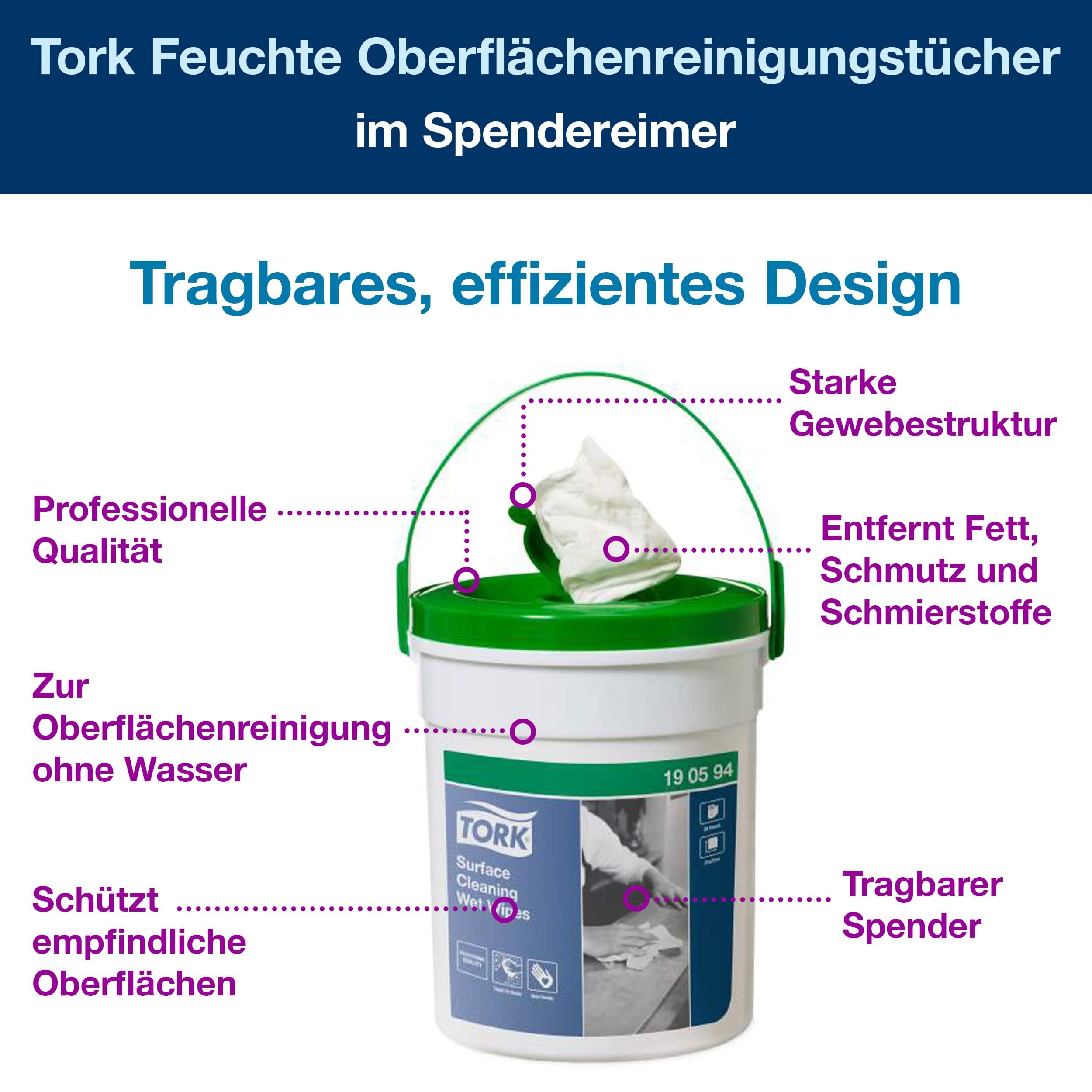 Tork Feuchte Oberflächenreinigungstücher im Spendereimer Weiß W15, Starke Struktur, 4 × 58 Tücher, 190594 3