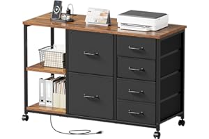 6 Drawer File Cabinet with Charging Station Rolling Printer Stand with Open Storage Shelf Fabric Lateral Filing Cabinet for H