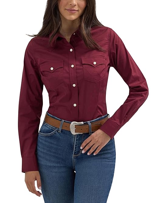 Wrangler Western Women's Retro Button-Down Shirt, Wine, Medium
