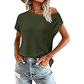 PRETTYGARDEN Womens Off The Shoulder Tops 2026 Summer Casual Short Sleeve Tunic T Shirts Lightweight Knit Sweaters