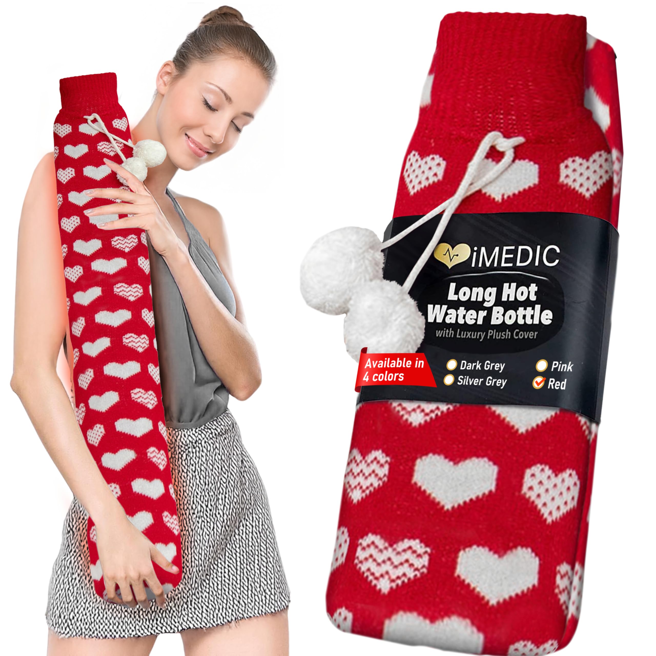 iMedic Extra Long Hot Water Bottle - Soft Fleece or Comfy Knit Cover - Red with Knitted Hearts