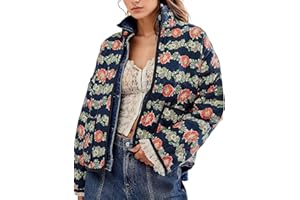 Aimiray Women's Cropped Floral Puffer Jacket Cardigan Printed Lightweight Open Front Padded Quilted Coats