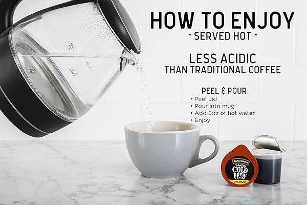 JAVA HOUSE COLD BREW COFFEE CONCENTRATE SINGLE SERVE LIQUID PODS, PEEL AND POUR, READY HOT OR ICED, TSA APPROVED
