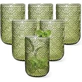 Green Vintage Drinking Glasses Set of 6, 14 oz hobnail drinking glasses Glassware Embossed Green Water Tumbler for Beer, Juice, Cocktail, Whiskey, Milk
