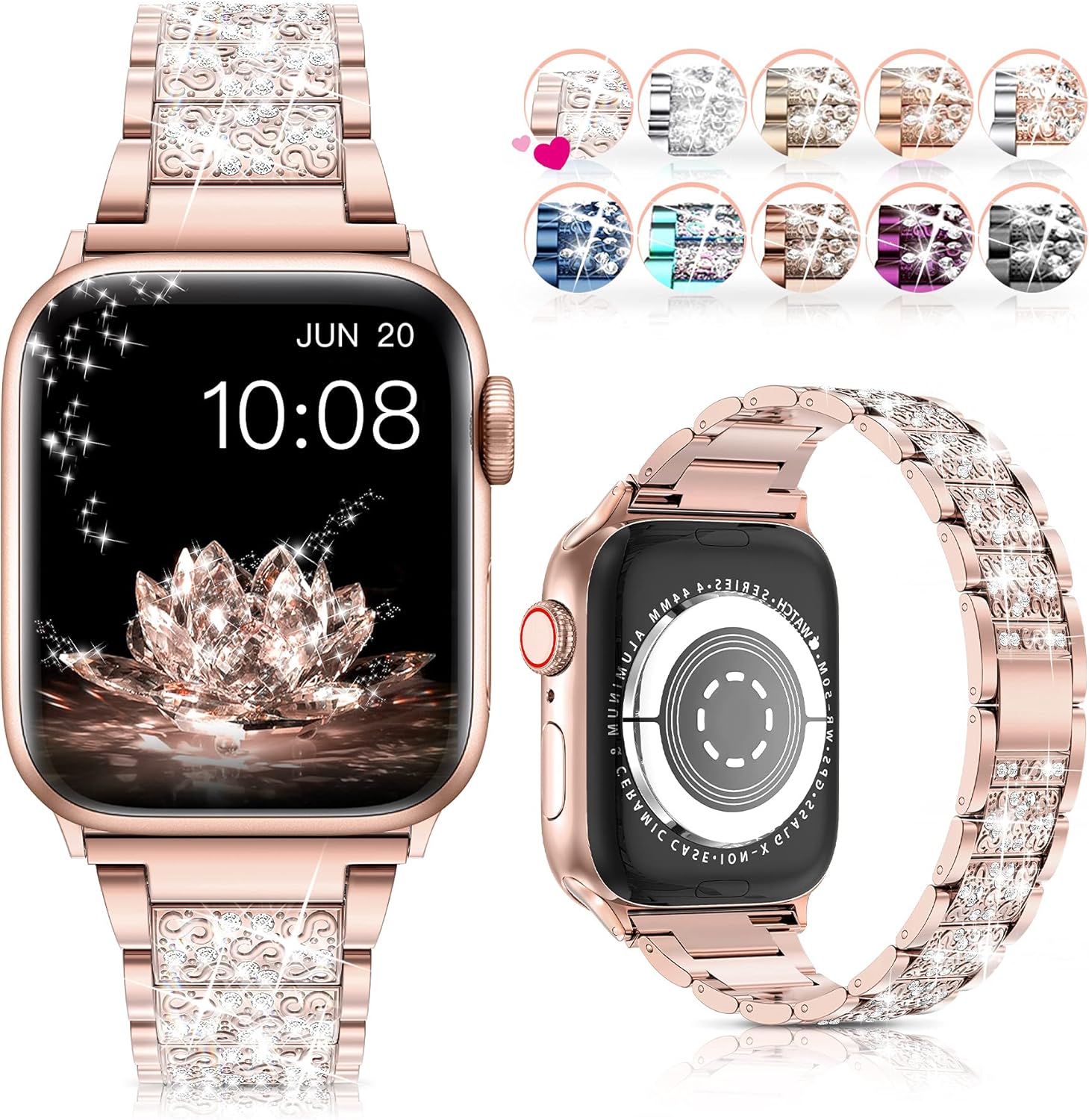 LELONG for Apple Watch Band 38mm 40mm 42mm 44mm SE Series 6 Series 5 4 3 2 1, Bling Replacement Bracelet iWatch Band, Diamond Rhinestone Stainless Steel Metal Wristband Strap