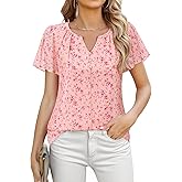 Furnex Women's Short Sleeve Floral Tops Double Layers Chiffon Blouses Office Work Shirts
