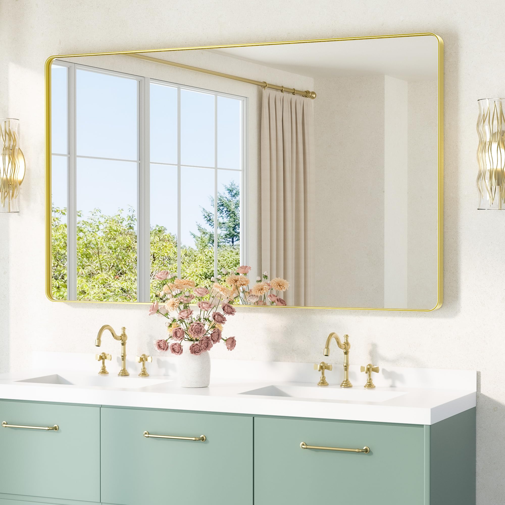 Photo 1 of TETOTE 60 x 36 Gold Mirror Brushed Gold Metal Framed Bathroom Mirror, Tempered Glass, Modern Farmhouse Wall Mounted Mirror for Decorative(Horizontal/Vertical)