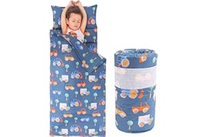 Rossison Nap Mat with Pillow and Blanket 100% Cotton with Microfiber Fill, Padded Sleeping Mat, for Daycare Preschool Toddler Prek Boys Kids (Blue car, Extra Long-56"x20")