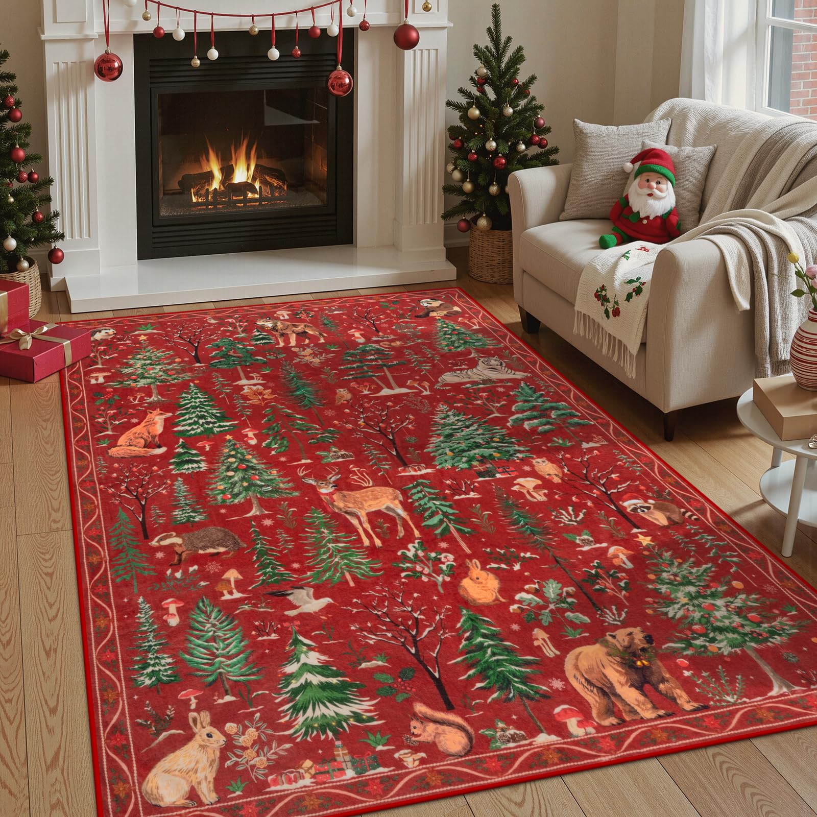 Photo 1 of OJIA Christmas Rugs 5x7 Washable Rugs for Living Room, Xmas Red Holiday Rug Soft Animal Bedroom Carpet Ultra-Thin Entryway Rug, Non-Slip Throw Carpet for Kids Nursery Playroom Dining Room