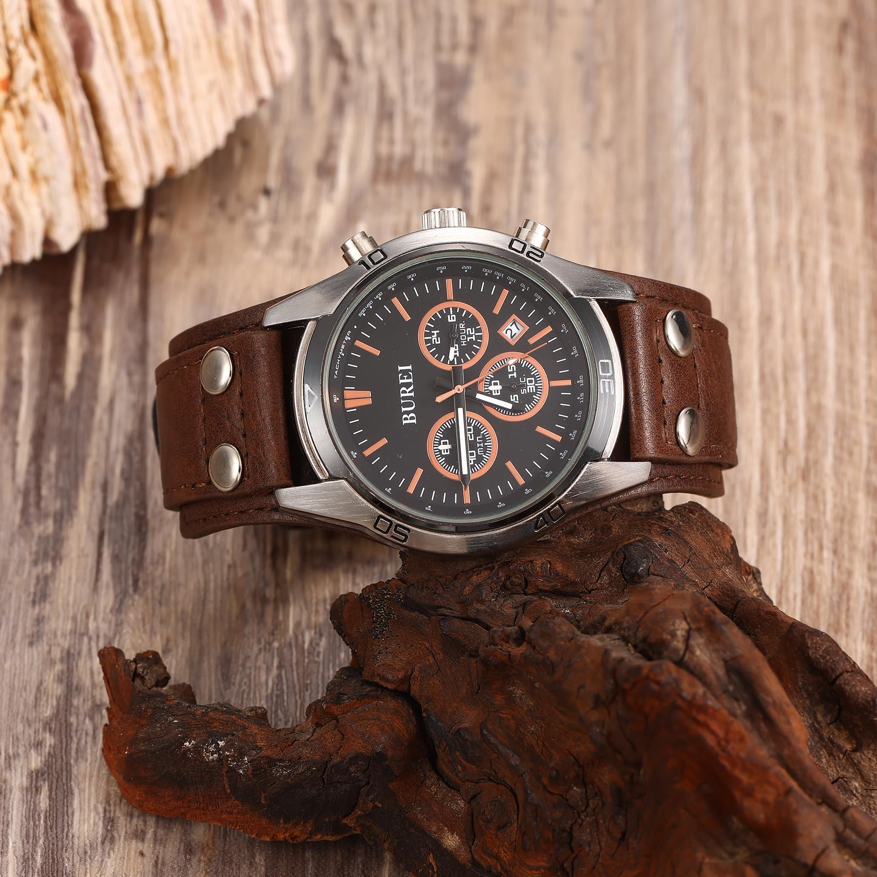 BUREI Men Watches,Waterproof Analog Dress Wrist Brown Leather Watches for Men with Black dial,Multifunction Watches for Men., BS0112-ZHZYZ