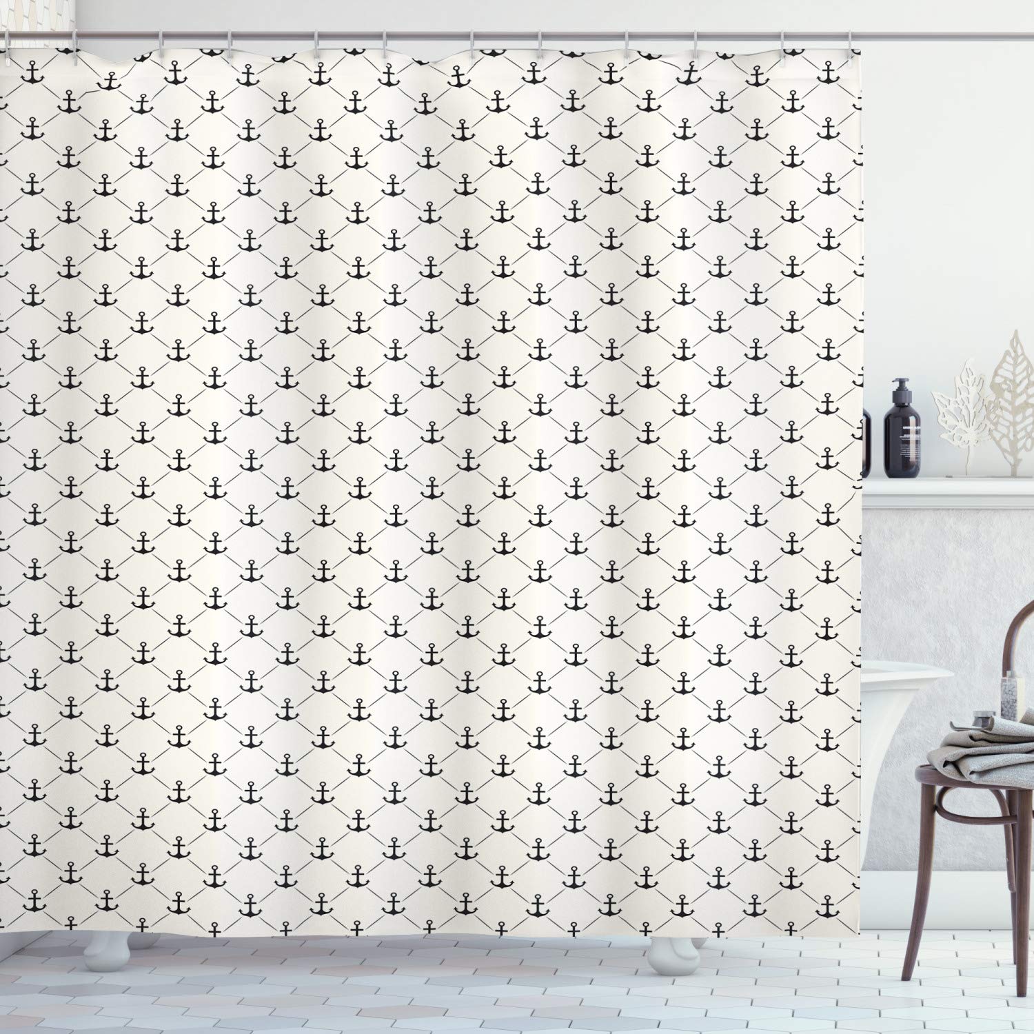 ABAKUHAUS Anchor Shower Curtain, Abstract Retro Nautical Style Shape and Lines Monochrome Classical Modern Design, Cloth Fabric Bathroom Decor Set with Hooks, 70 Inches, Black White