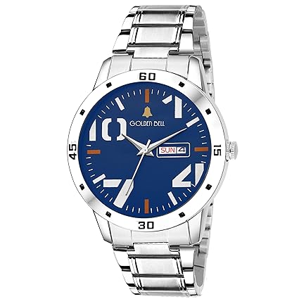 Golden Bell (Label) Violet Day and Date Calendar Function Chronograph Display Blue Dial Silver Metal Chain Mens Watch -1163GB