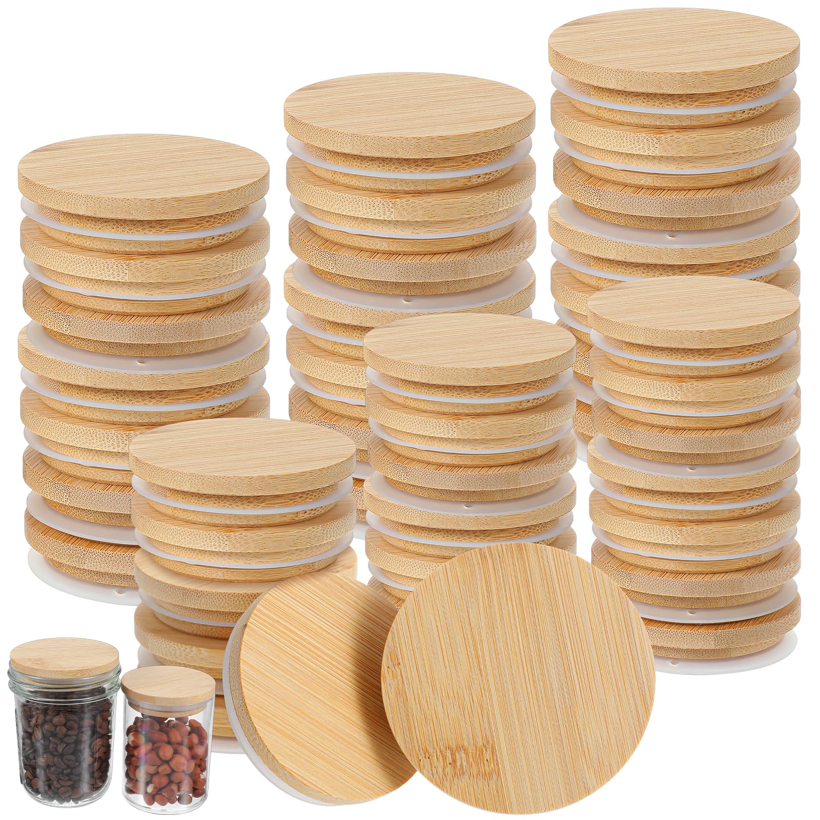 Photo 1 of **MISSING WIDE MOUTH LIDS** Afcabakila 40 Pcs Bamboo Mason Jar Lids, Reusable Natura Wooden Storage Canning Lids with Silicone Ring, 20pcs Regular Mouth 20pcs Wide Mouth Home Kitchen Container Covers Food Grade Fit and Airtight