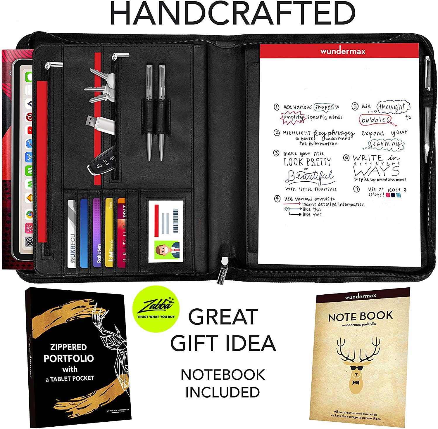 Zippered Padfolio, Leather Portfolio Binder - 10.1 Inch, Business Folder, Resume/Document Organizer - Notebook, Ipad Case, Planner - Men & Women : Office Products