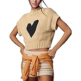 TAQCUX Womens Sweater Vest Mock Neck Cap Sleeve Sweater Tank Tops Cute Heart Knit Cropped Pullover Top