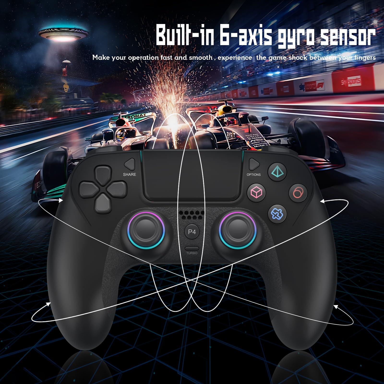 Wireless Controller for PS-4, Game Controller Compatible with PS-4/Pro/Slim/PC, Gamepad Joystick with Dual Vibration/6-Axis Gyro Sensor/Touchpanel/RGB-LED/EXT/Audio Jack, Precision and Control