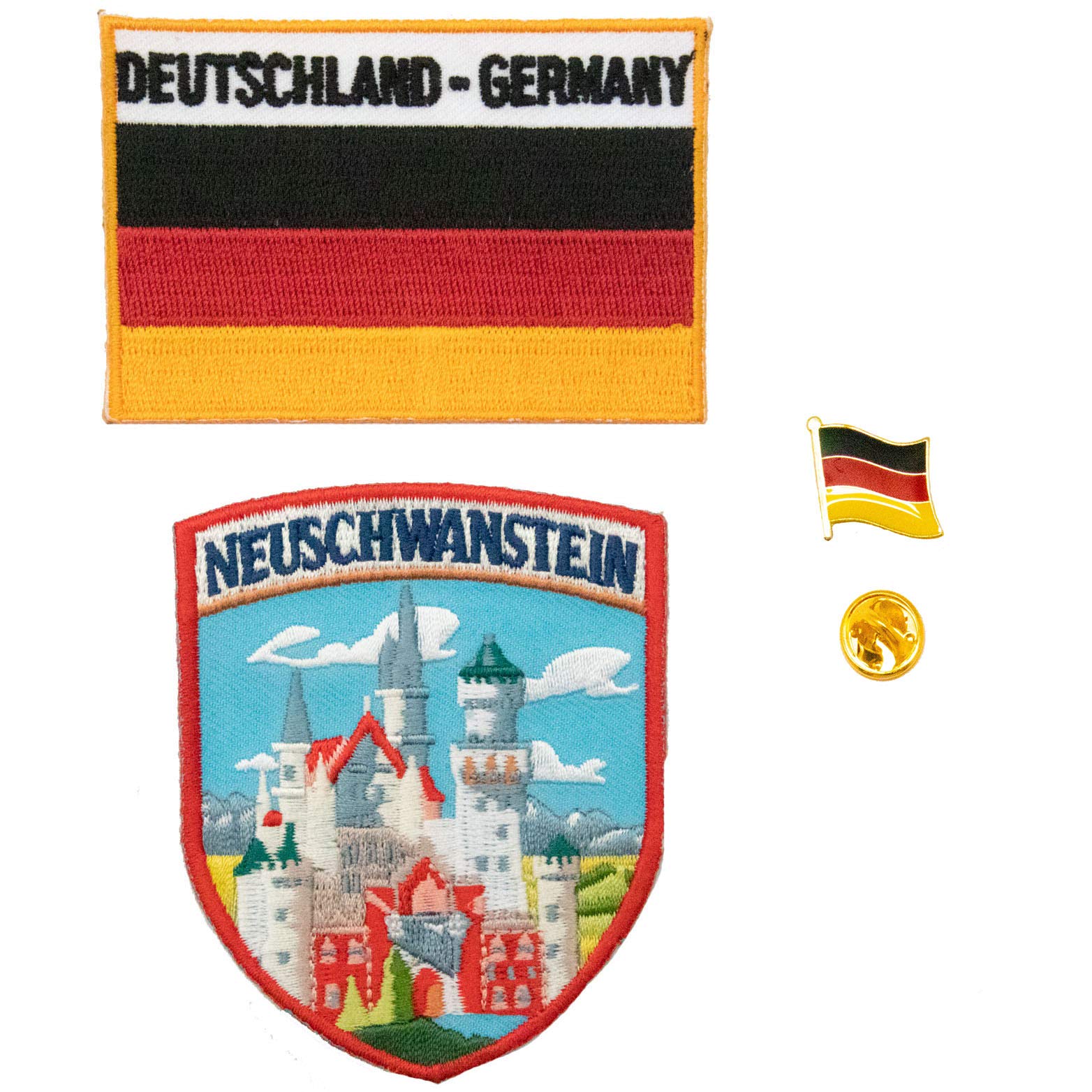 A-ONE 3 PCS Pack- Germany Neuschwanstein Shield Patch + Deutschland Flag Applique Patch + Germany Flag Enamel Pin, Embroidered Patch, Country Flag Pin