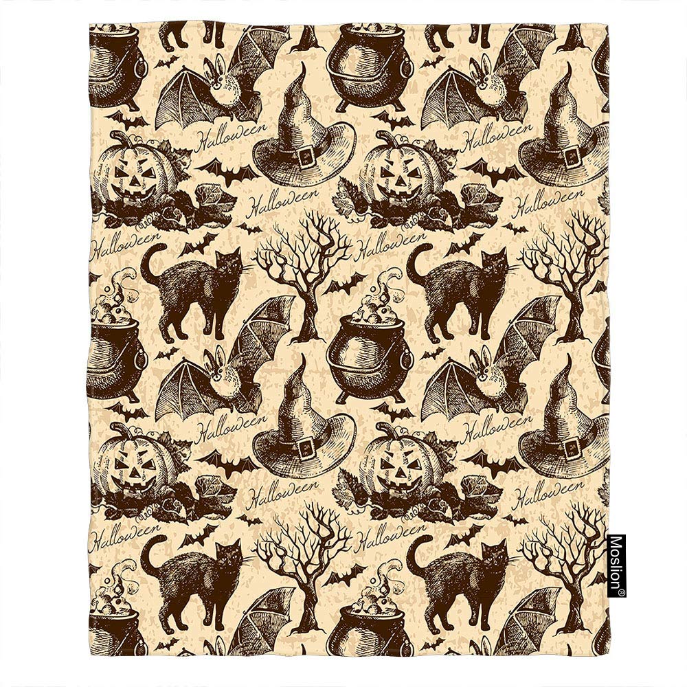 Photo 1 of Moslion Halloween Pattern Throw Blanket Retro Vintage Style Animal Cat Pumpkin Owl Bat Witch Hat Tree Cozy Throw Blanket for Couch Bed Sofa Car Soft Throw Blanket Flannel 40x50 Inch