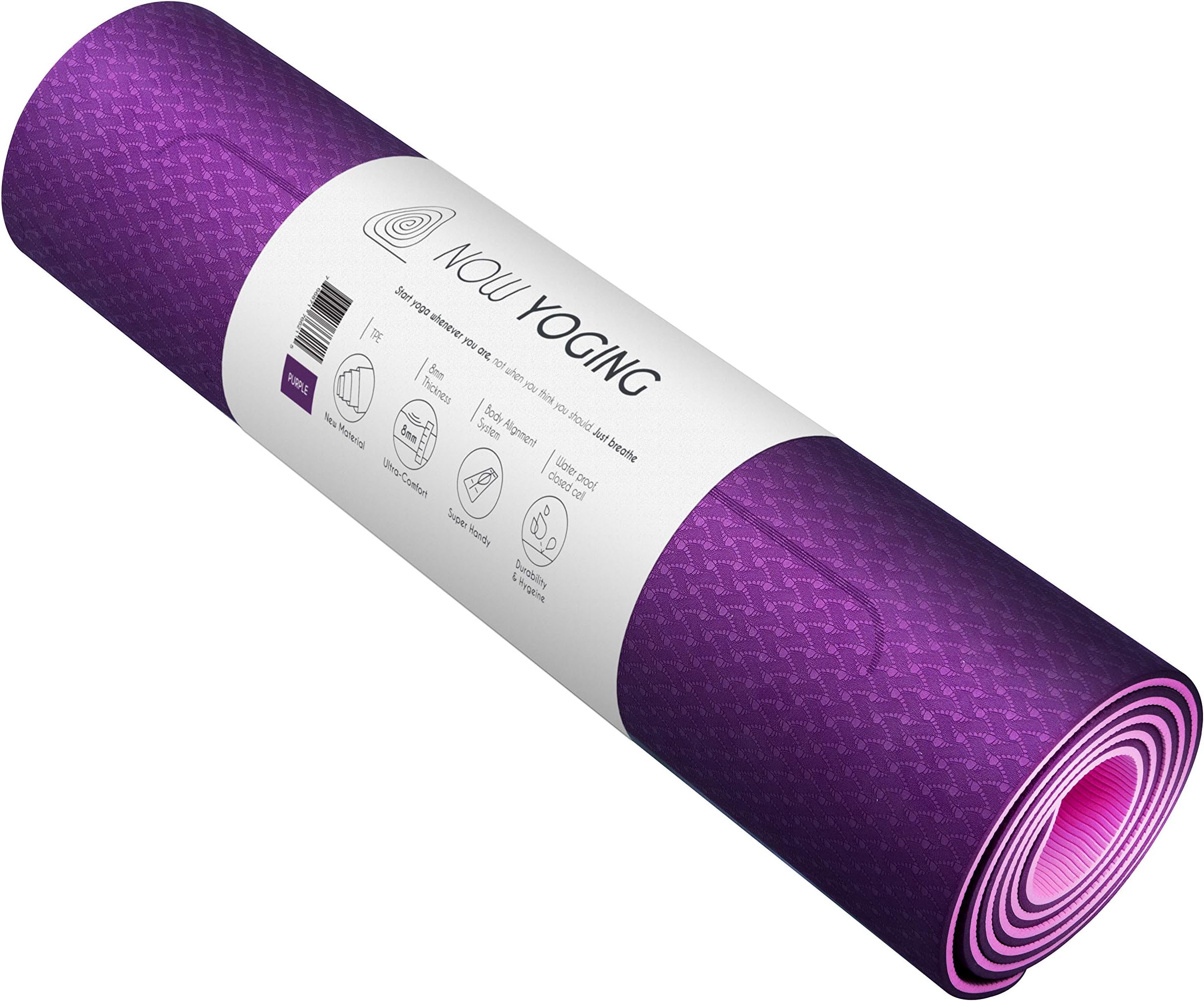 NOW YOGING Pro 8mm Unbeatable Thickness & Non Slip TPE Yoga Mat, Comfort for All Types Exercise 72”x24”, Body Alignment, Free Mat Strap