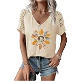TOTWOW Women's Cut Out V Neck T-Shirts Boho Floral Graphic Tee Summer Cold Shoulder Short Sleeved Tops