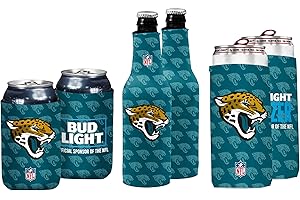 Bud Light & NFL Licensed Jacksonville Jaguars Premium Insulated Neoprene Koozy Cover Set, 2 Can/2 Seltzer/2 Bottle - Easy On & Foldable for 12 Ounce Drinks - 2 Sided Design - Great Holiday Gift