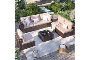VONZOY Patio Furniture Set, 7-Piece Outdoor Sectional with Free Cover, All-Weather Wicker Patio Conversation Sets for Backyard (Brown with Beige Cushion)