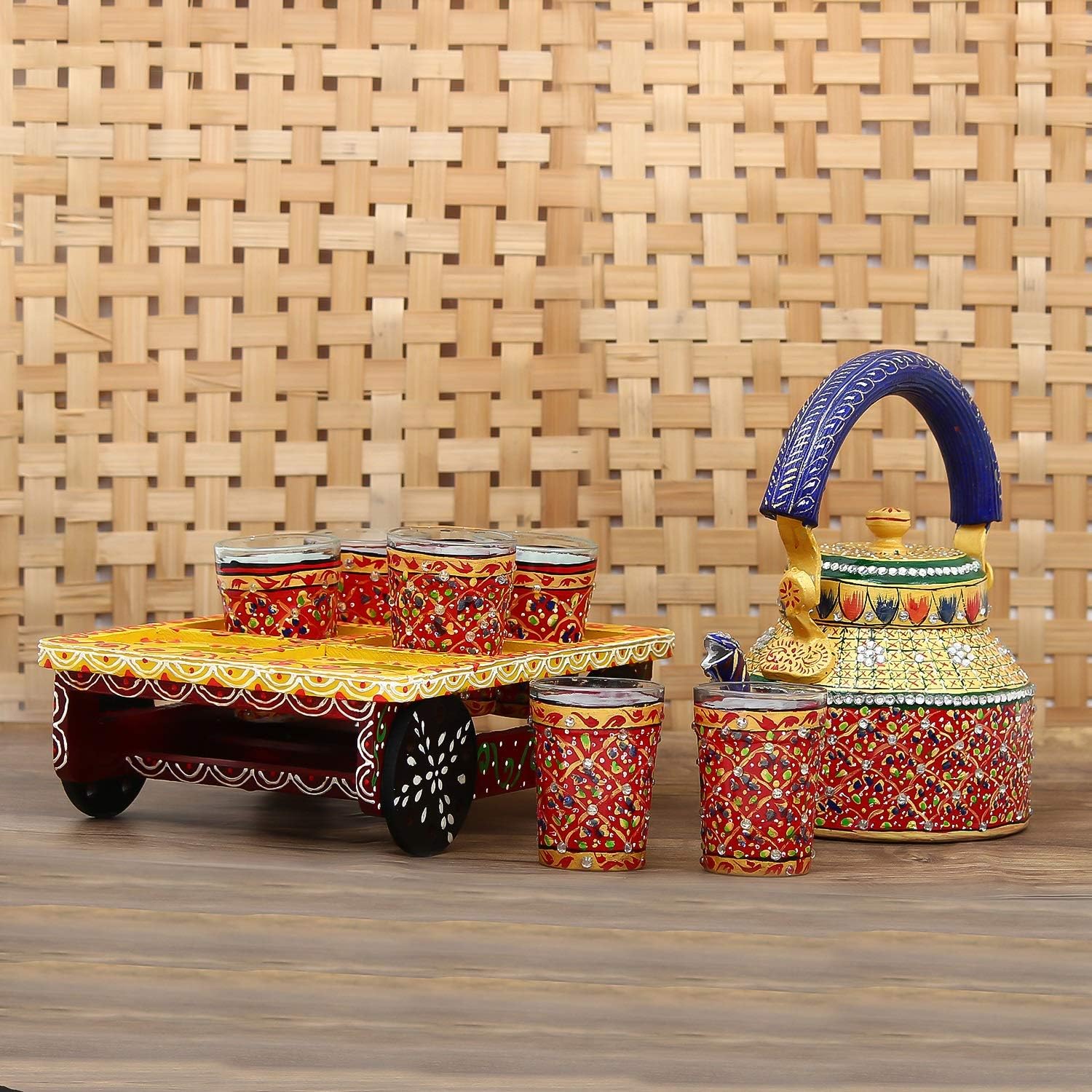 JaipurCrafts Designer Rajasthani Gold Aluminium Hand Painted Kettle with Serving Tray and 6 Glasses (1 Litre, 22 cm)