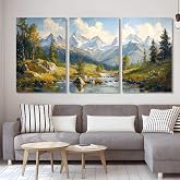 Mountain Landscape Set of 3 Canvas Wall Art, Scenic Nature Triptych Print, River and Snow-Capped Mountains Décor for Living Room, Bedroom, and Office (24