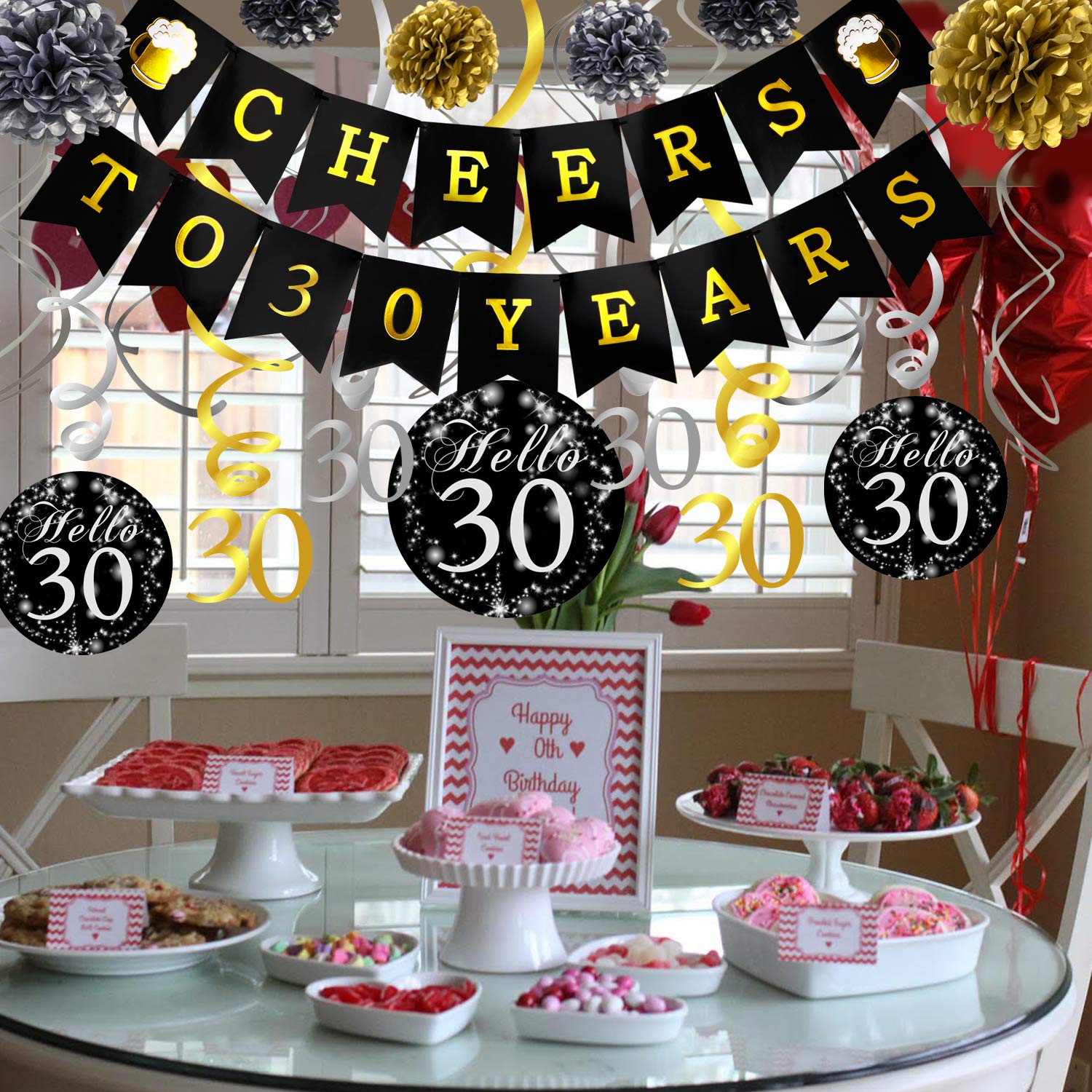 Anniversaire Banniere Tourbillons Suspendus Guirlandes Latex Ballon Noir Or Decoration Table Anniversaire Confetti Howaf 30 Ans Anniversaire Decorations Kit Pour Femme Homme