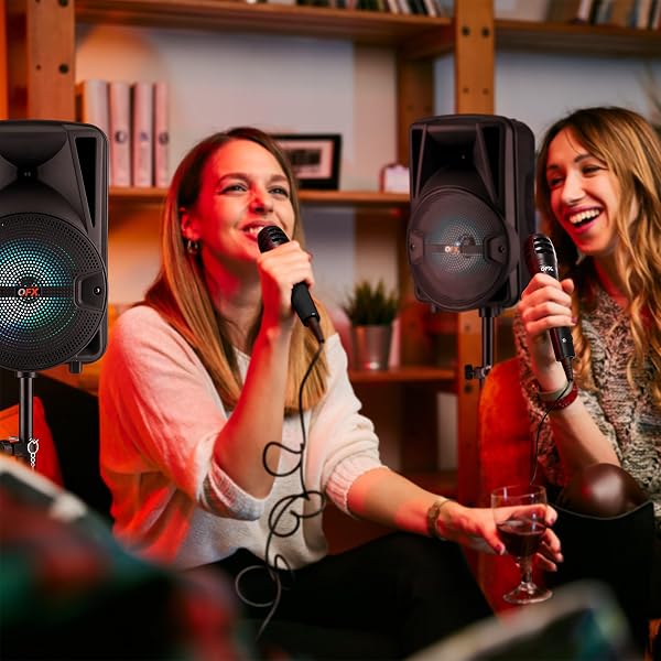 QFX PBX-800TWS 8-INCH TWS BLUETOOTH STEREO PA SYSTEM WITH 2 8″ SPEAKERS, 2 MICROPHONES, 2 STANDS, AND A REMOTE CONTROL