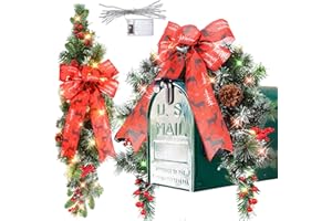 Yunlly Mailbox Christmas Swag with LED Lights Stairway Christmas Decorations Christmas Window Swags Outdoor Battery Operated and Bow for Xmas Fireplace Door Indoor Home Decor Outdoor