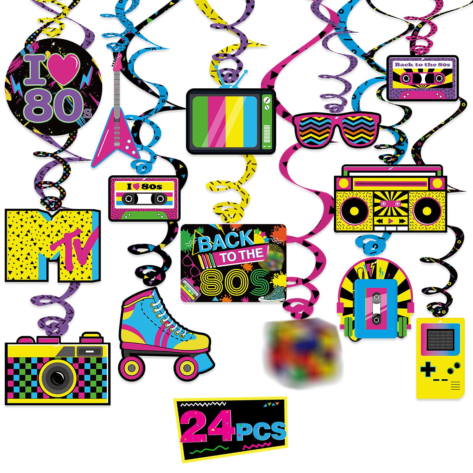 Bessmoso 28PCS 80s Party Decorations – Retro Hanging Swirls & Ceiling Streamers for 1980s Throwback Birthday, Neon Back to The 80’s Party Supplies