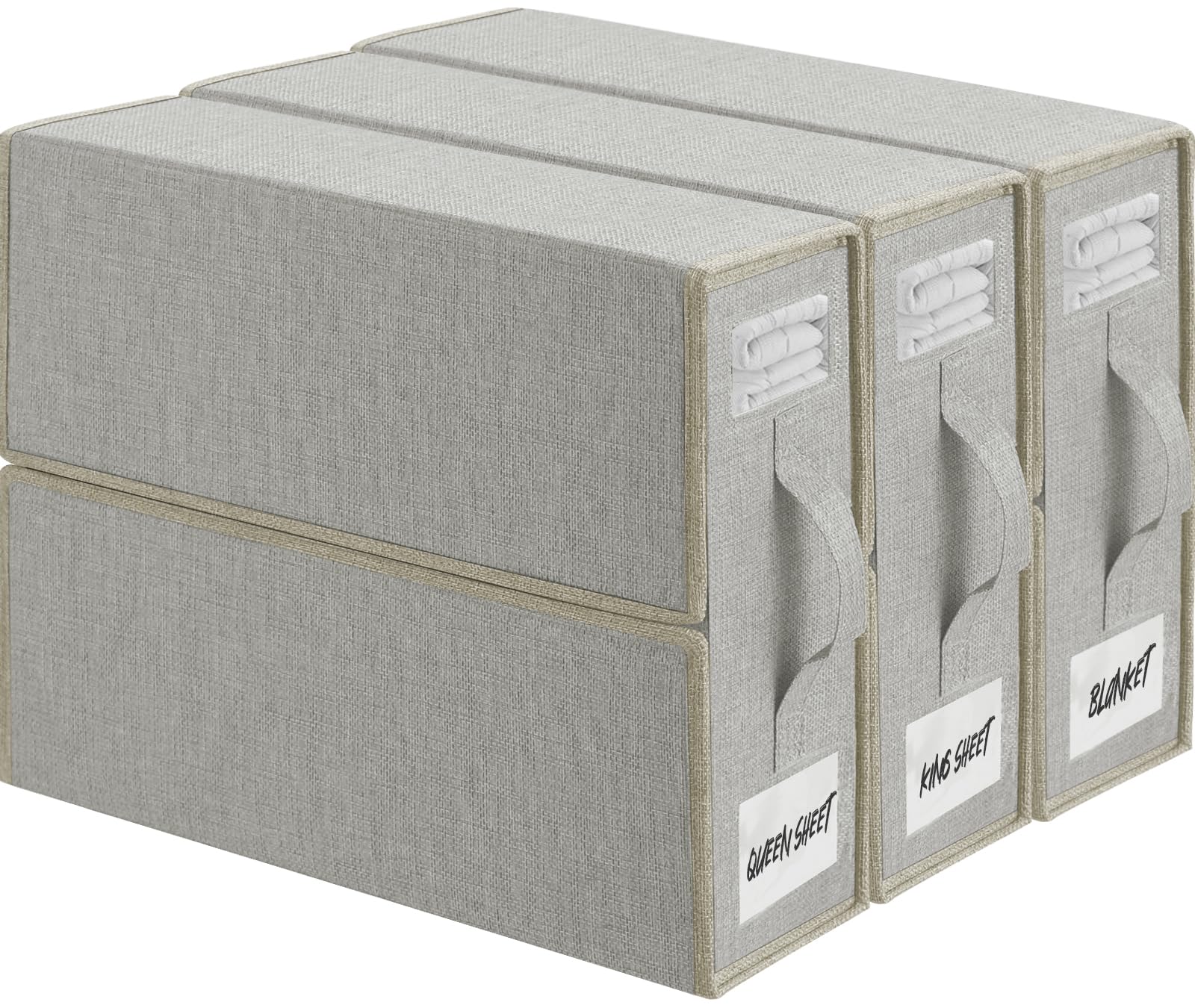 TAHAVICE Bed Sheet Organiser, 3 Pack Bedding Storage Box with Handle and Clear Window, Foldable Bedding Organiser for Bedding Clothes Blankets, Grey