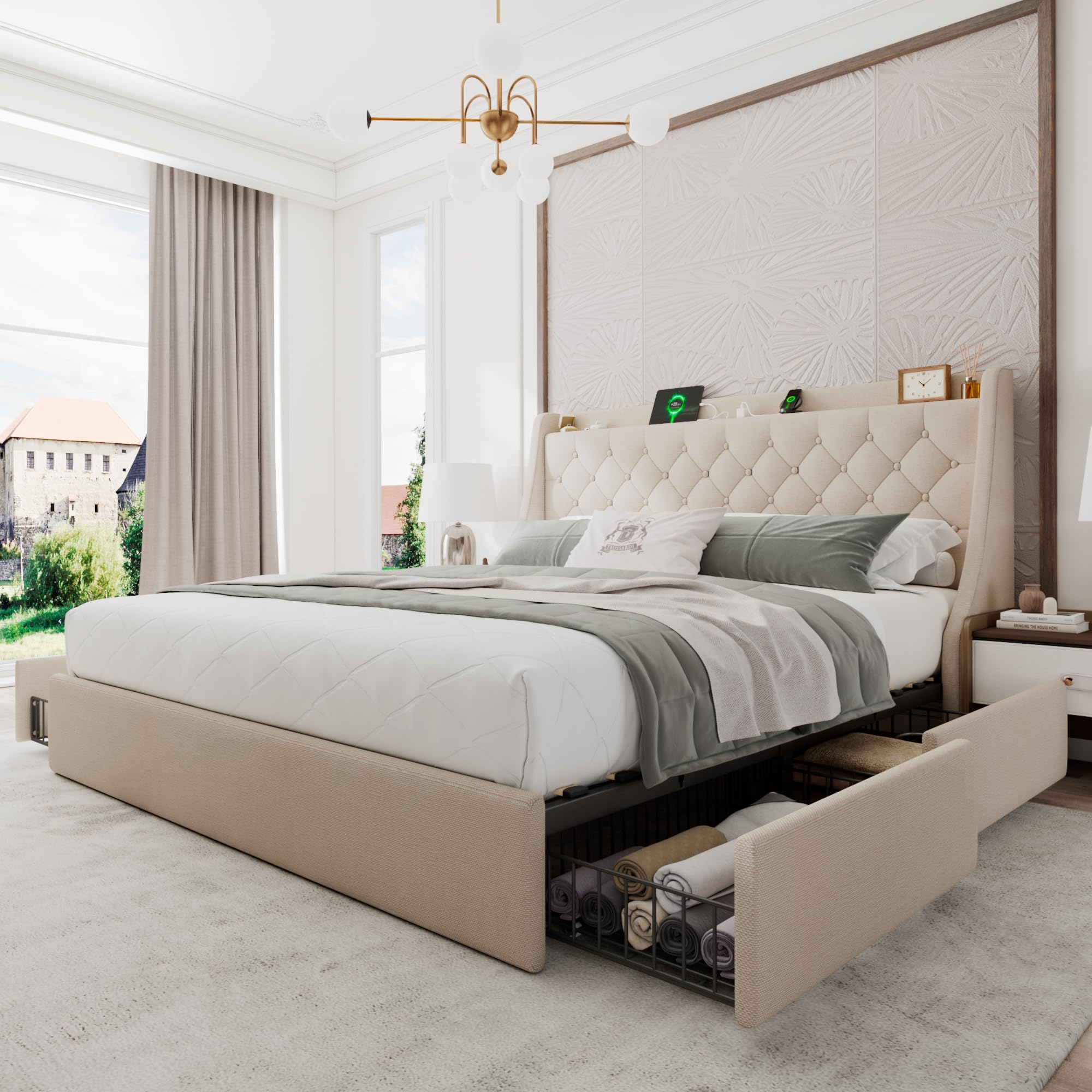 Einhomn Upholstered King Size Bed Frame with 4 Storage Drawers ...