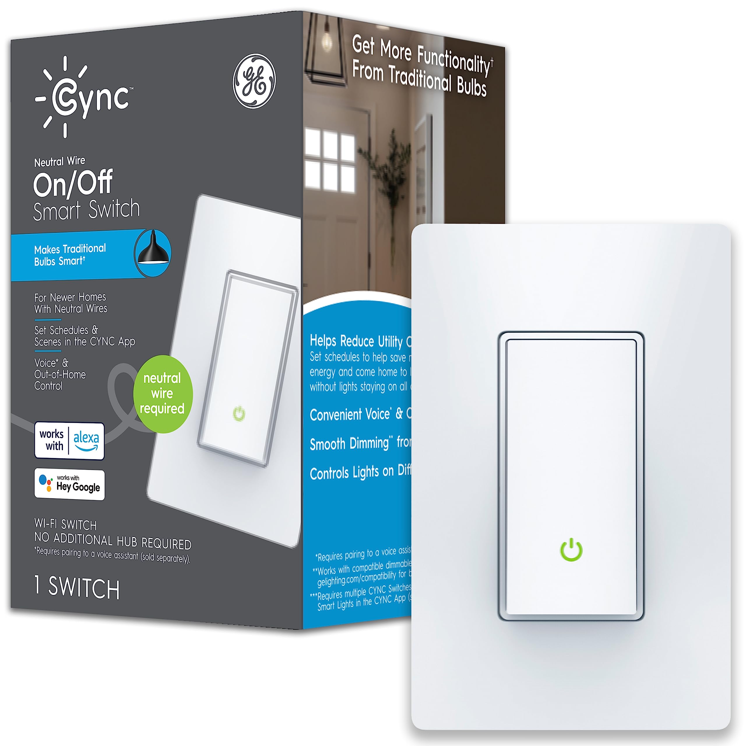 Photo 1 of GE CYNC Smart Light Switch, Paddle Style, Neutral Wire Required, Bluetooth and 2.4 GHz Wi-Fi 4-Wire Switch, Works with Alexa and Google (1 Pack)