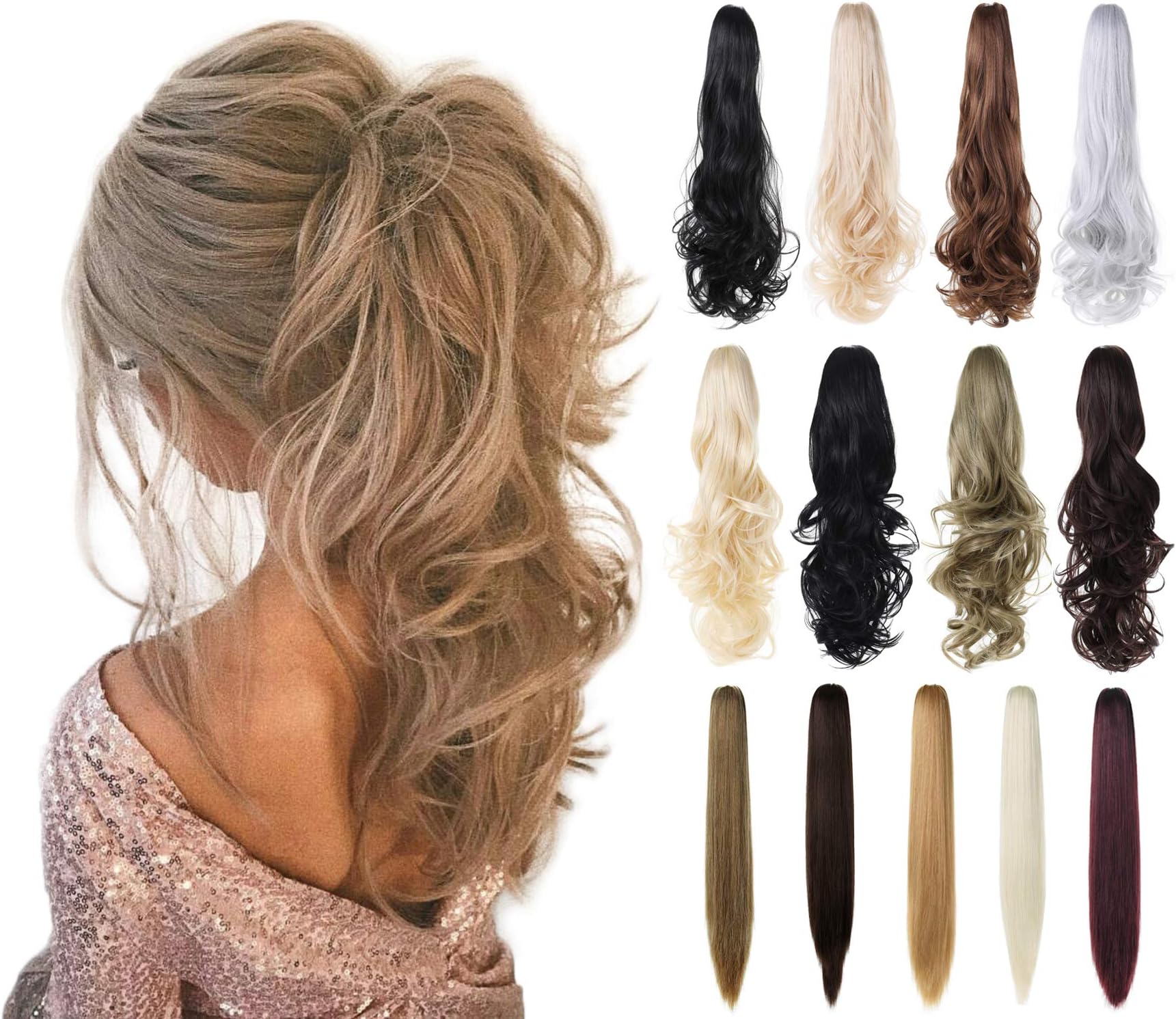 XBwig Claw Clip in Ponytail Hair Extension 18" 21" 23"Curly Wavy Straight Hairpiece One Piece A Jaw Long Pony Tails for Women(Baby Blonde 18"-Curly)