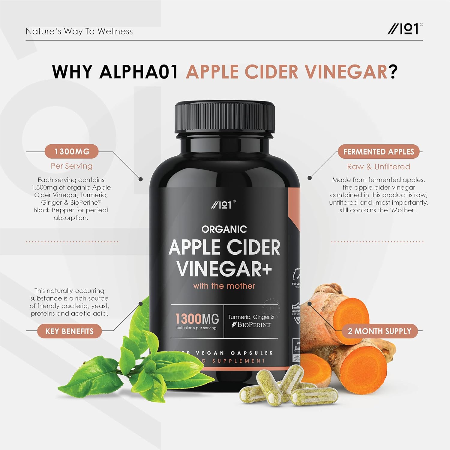 Organic Apple Cider Vinegar 1920mg, 90 Capsules, with Turmeric, Ginger & Cayenne Pepper - Image 3