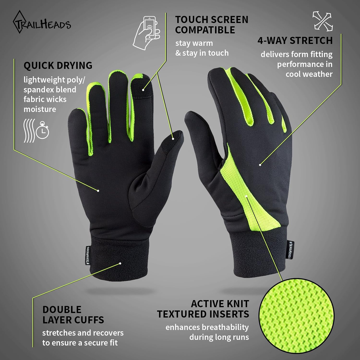 TrailHeads Tempo Running Headband -Under Helmet Ear Protection and Lightweight Touchscreen Running Gloves - hi-vis (small): Clothing