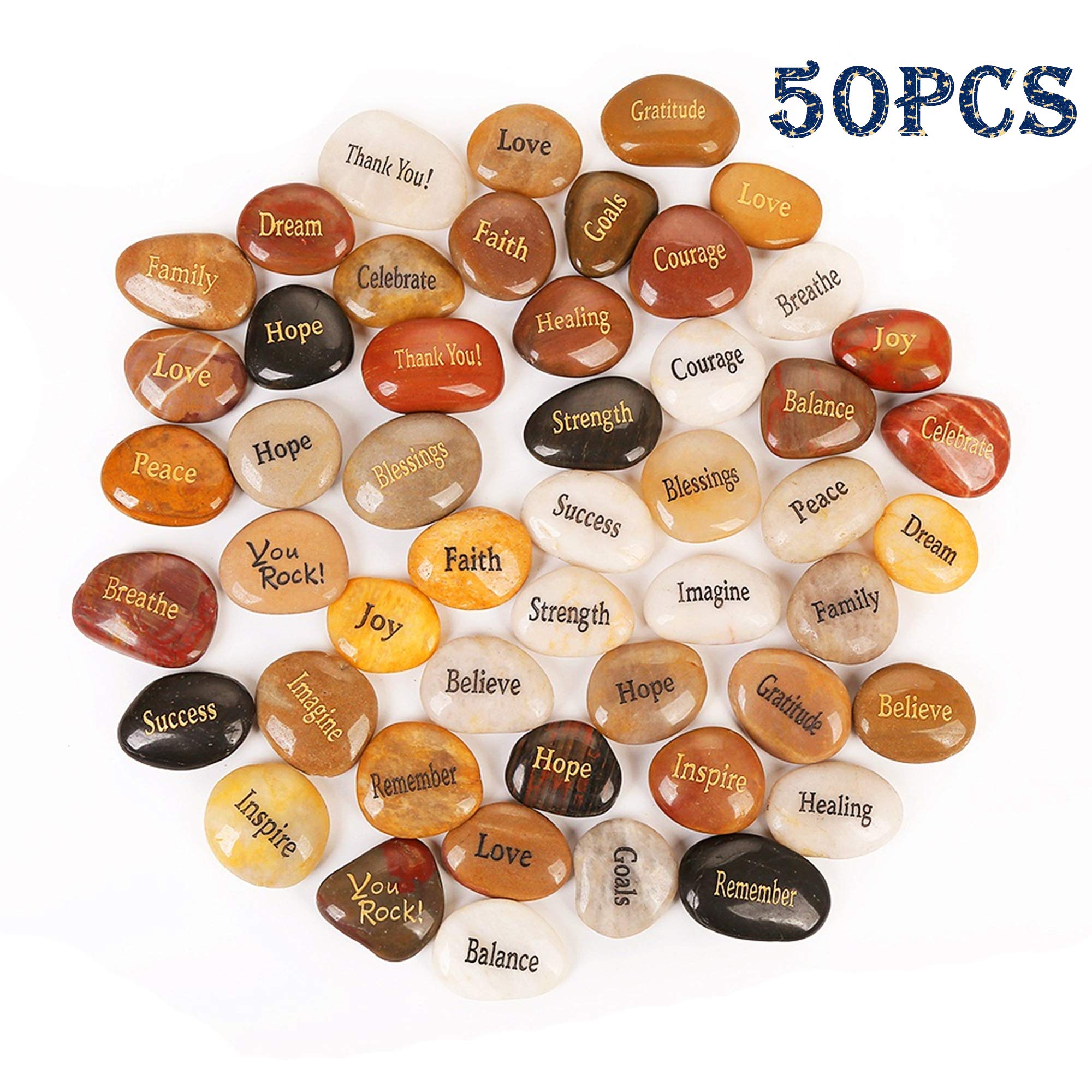 ROCKIMPACT 50PCS Engraved Rocks Different Words Inspirational Stones Bulk Faith Stones Zen Stones Gratitude Rocks Healing Prayer Stones Encouragement Rocks, 2